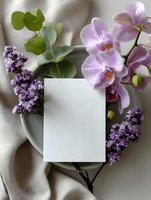 Blank white card mockup with pink orchids and purple lilac flowers on silk fabric background, elegant floral flat lay composition for wedding stationery.