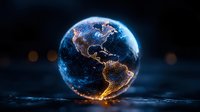 Glowing digital Earth model showing Americas with illuminated city lights and network connections on dark reflective surface, global technology concept.