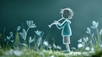 Young child playing trumpet among spring flowers, artistic chalk drawing style illustration on dreamy teal background with glowing floral elements and grass.