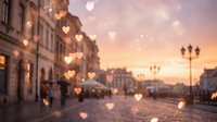 Romantic city street at sunset with floating heart-shaped bokeh lights over cobblestone pavement and historic architecture for Valentine's Day designs.
