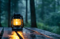 Glowing vintage oil lamp on wooden surface in misty forest at dusk, warm light reflecting off wet wood creates atmospheric outdoor scene.