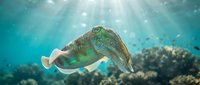 Cuttlefish swimming gracefully in turquoise ocean waters above coral reef with sunlight filtering through water creating magical underwater scene.