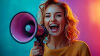 Excited young Caucasian woman with curly hair shouting into megaphone against vibrant gradient background for marketing and communication campaigns.