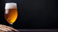 Glass of fresh craft beer with foam head and wheat ears on dark background, dramatic lighting highlights golden beverage for bar and restaurant promotion.