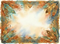 Ornate decorative frame with golden leaves, geometric patterns, and watercolor sky background, isolated on white for design projects, invitations, and digital artwork.