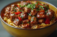 Glazed Asian meatballs with noodles in yellow ceramic bowl, garnished with fresh herbs and bell peppers, served on spaghetti in sweet sauce.