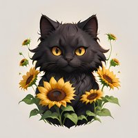 Black fluffy cat with bright yellow eyes surrounded by blooming sunflowers on beige background, artistic style illustration for decorative prints and designs.