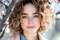 Young Caucasian woman with curly blonde bob hairstyle and natural makeup smiling outdoors in spring with blooming tree branches in soft sunlight.