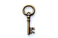 Vintage brass skeleton key with ornate round bow and decorative shaft isolated on white background, suitable for jewelry making and antique collections.