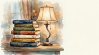 Stacked vintage books with brass table lamp on wooden surface, warm lighting, literary study decor for home interior design projects.