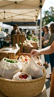 Woman shopping with eco-friendly reusable bags at outdoor farmers market buying fresh organic produce from local vendors under white tent canopy.