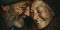 Happy elderly couple sharing intimate moment with genuine smiles and warm expressions showing love and connection in golden light.