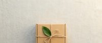 Kraft paper gift box wrapped with twine and fresh green leaf on neutral beige background, eco-friendly packaging for sustainable gifting and product presentation.