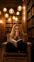 Young blonde woman reading book in cozy library with warm pendant lights and wooden bookshelves creating atmospheric study environment for education content.