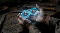 Elderly hands holding glowing blue infinity symbol representing eternal concepts, endless possibilities, and timeless wisdom in atmospheric lighting.
