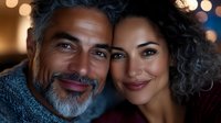 Mature multiethnic couple sharing intimate moment with soft bokeh lights in background. Close up portrait of middle aged man with gray beard and Latin woman with curly hair.