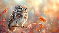 Little owl perched on branch with autumn orange leaves in soft bokeh background, magical forest atmosphere with falling leaves and warm sunlight glow.