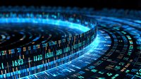 Glowing blue digital numbers and data streams forming curved lines against dark background, representing financial technology and stock market data analysis.