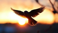 Dramatic silhouette of bird with spread wings against golden sunset sky, backlit by glowing sun creating ethereal atmosphere and sense of freedom in nature.