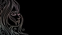 Elegant line art portrait of woman with flowing hair on black background for beauty salon branding and feminine design projects.