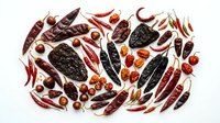 Dried red chili peppers and allspice berries arranged on white background, ready for culinary, food styling, recipe illustration, and spice packaging design use.