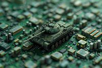 Military tank model placed on computer circuit board creating surreal miniature scene with green.