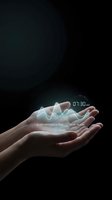 Close-up of open palm holding glowing holographic sleep data visualization with waveform, time display, and efficiency metrics against dark background for health technology concepts.
