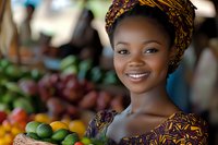 Young African woman in traditional headwrap and dress smiling brightly while holding fresh produce at local market, radiating joy and cultural pride.