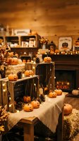 Cozy autumn Halloween home interior with carved pumpkins, wooden crates, fairy lights and rustic decorations creating warm seasonal atmosphere.