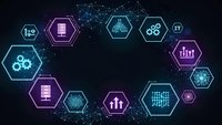 Digital technology hexagonal icons with glowing neon effects on dark background for business presentations, data analytics and tech industry concepts.