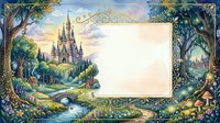 Fantasy castle landscape with ornate decorative border and blank space for text or design elements in enchanted forest setting.
