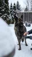German shepherd dog standing in snowy backyard with owner's hand reaching out, winter pet care and bonding moment in residential setting.