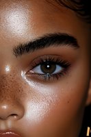 Close-up of African American woman's eye with freckles, long eyelashes, and defined eyebrow against glowing brown skin showing natural beauty makeup look.