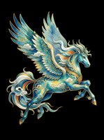 Ornate winged horse with intricate blue and gold detailing, isolated on transparent background. Ready for t-shirts, stickers, clipart, sublimation, and print-on-demand designs.