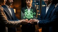 Diverse business team collaborating on sustainable green technology project with holographic environmental icons in modern office setting.