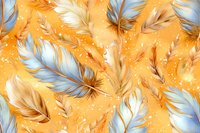 Elegant feather pattern with blue and golden plumes floating on warm orange background with sparkles, perfect for textile design and decorative surfaces.