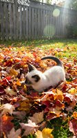 White and black cat playing in autumn leaves on grass with wooden fence background, perfect for seasonal pet and fall lifestyle content.