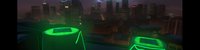 Neon glowing rings on rooftop overlooking illuminated cityscape at dusk, urban nightlife and modern architecture concept for design projects.