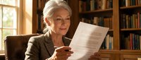 Senior woman with white hair and fair complexion, wearing a brown blazer, reading documents while seated in a leather chair in a home library with wooden bookshelves and natural window light.