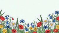 Wildflower meadow border with colorful poppies, daisies and cornflowers on neutral background for spring and summer designs.