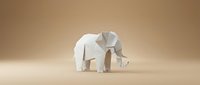 White paper origami elephant figure standing on neutral beige background with soft lighting and shadows for creative design projects.