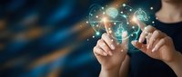 Professional woman touching digital healthcare icons with glowing medical symbols floating above hands representing telemedicine and digital health technology.