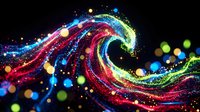 Colorful glittering wave with sparkling particles and bokeh lights creating dynamic flowing motion against dark background for digital art projects.