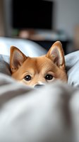 Adorable Shiba Inu dog peeking over white bedding with curious eyes and pointed ears visible, creating playful hiding moment in soft morning light.
