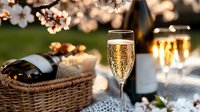 Sparkling wine glass with bubbles on outdoor table setting with cherry blossoms and sunset bokeh background, romantic spring celebration atmosphere.
