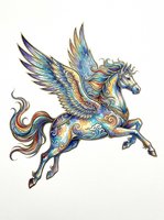 Colorful ornate pegasus with wings spread, isolated on transparent background, ready for stickers, t-shirt design, print on demand, and sublimation crafts.