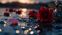 Red rose floating on water surface with scattered petals at sunset, creating magical bokeh effect and water droplets. Romantic mood for Valentine's day or anniversary designs.