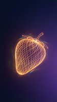 Glowing neon strawberry with golden wireframe outline on dark purple gradient background. Contemporary light art design for modern graphics and digital projects.