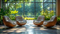 Modern lounge area with four curved wooden chairs facing large windows overlooking lush green forest. Natural light creates peaceful indoor-outdoor living space.