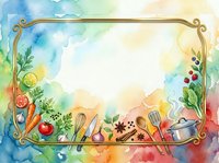 Watercolor cooking frame with fresh vegetables, kitchen utensils, and colorful rainbow background. Isolated design element suitable for recipe cards, menus, culinary blogs, and kitchen decor projects.